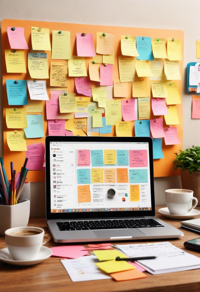 A dynamic workspace featuring a modern laptop open to a blog management dashboard, surrounded by colorful sticky notes, a steaming coffee cup, and inspirational books. A vision board with pinned ideas and sketches in the background. The scene conveys creativity and strategy, showcasing a blend of digital and traditional content creation tools. super-realistic. vibrant colors. 3D.