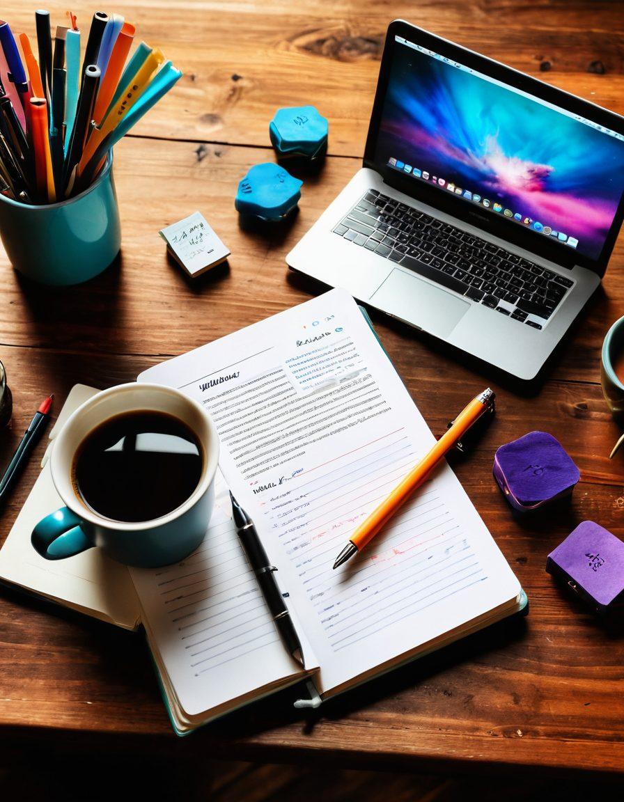 A beautifully designed digital diary open on a wooden desk, with vibrant colorful pages showcasing engaging blog content strategies. Include a quill pen next to the diary, a cup of coffee steaming softly, and a laptop displaying analytics and blog ideas. The background should have soft, warm lighting that evokes creativity and inspiration. super-realistic. vibrant colors. cozy atmosphere.